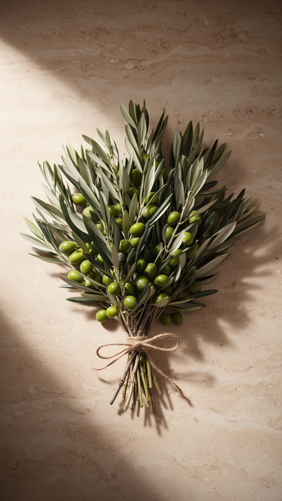 An elegant bunch of olive branches tied with twine on travertine — a quiet symbol of peace.